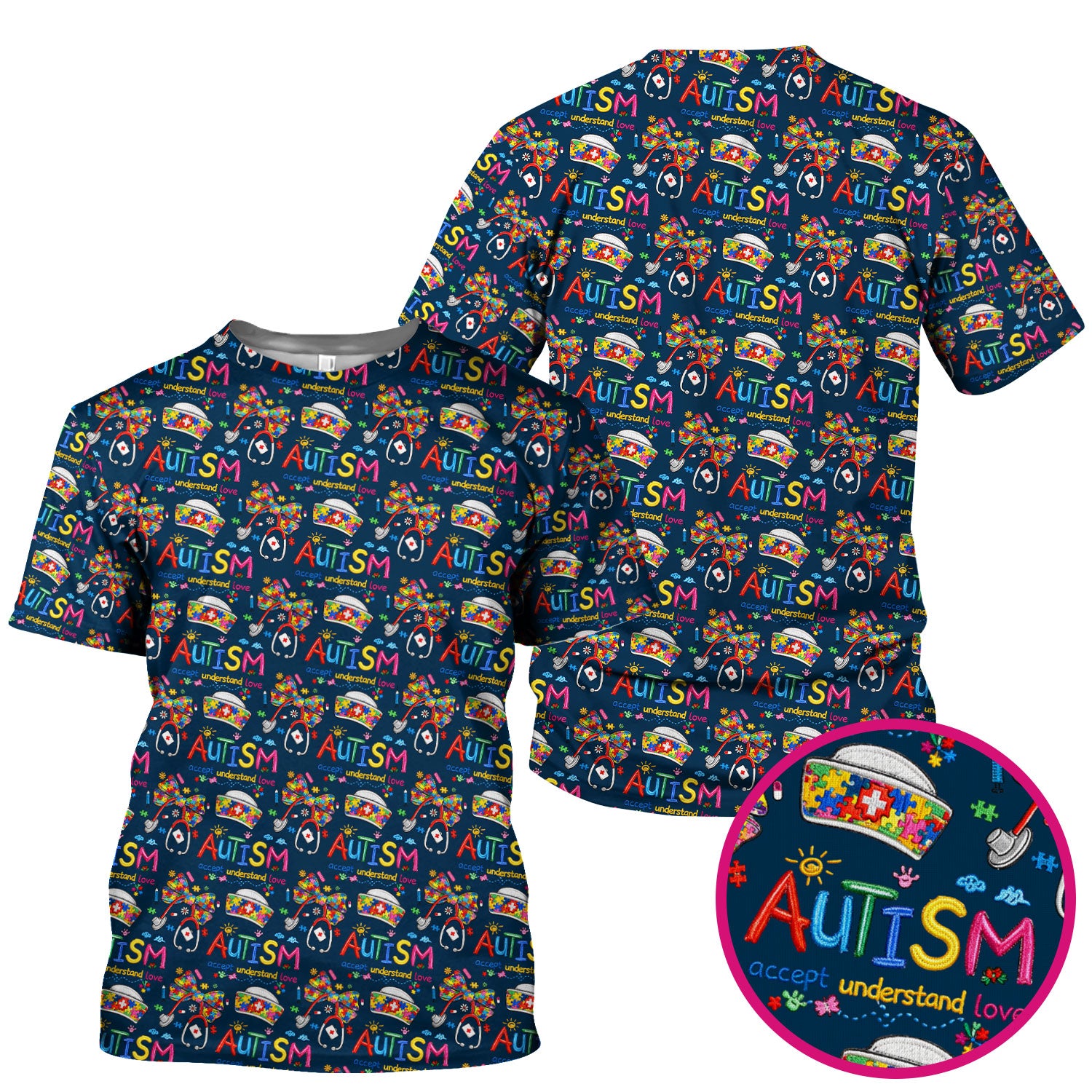 Autism Awareness Pattern Nurse Scrub Top, Accept Understand Love Puzzle Nurses Shirt, Breathable Fabrics Nursing Uniform