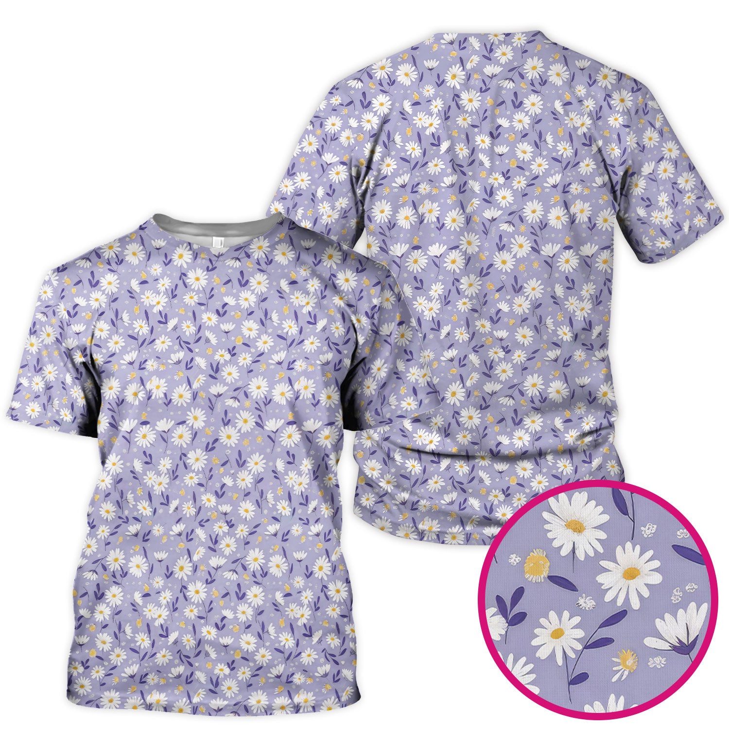 Cute Purple Daisy Botanical Print Scrub Top, Comfortable Scrubs For Nurses