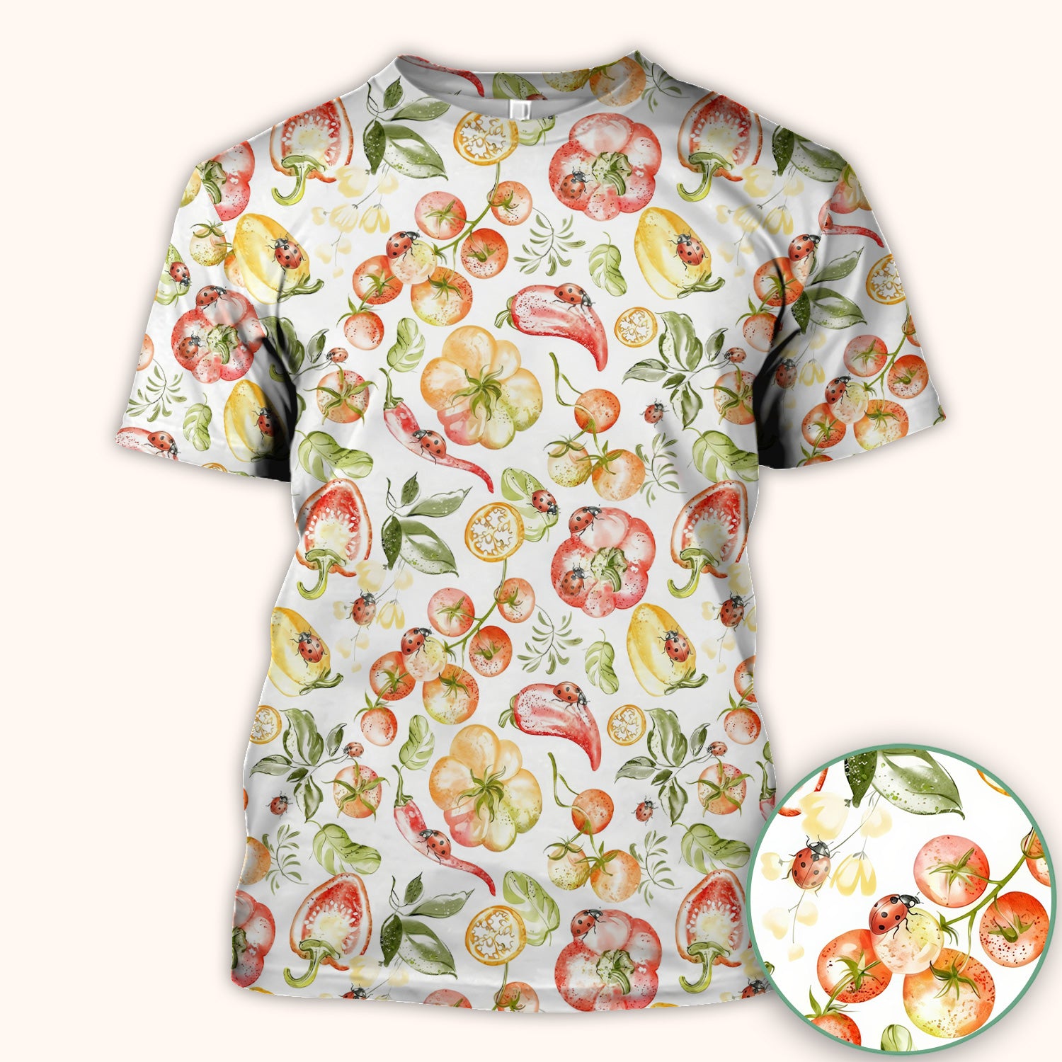 Cute Watercolor Veggie Ladybug Pattern Scrub Top, Comfortable Scrubs for Nurses