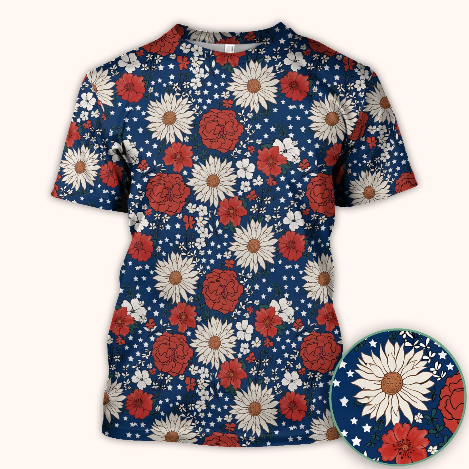Red White Blue Floral Pattern Scrub Top, Comfortable Scrubs for Nurses