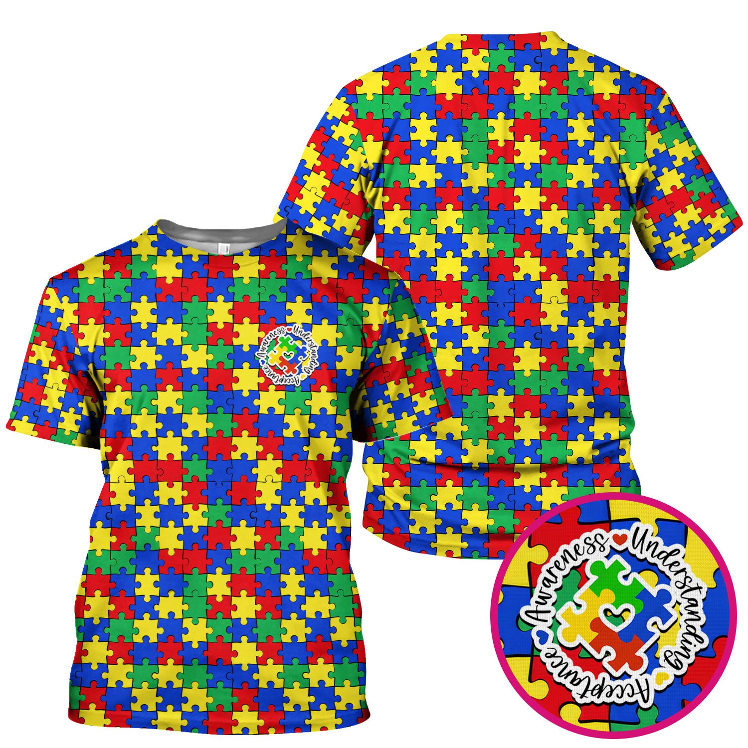 Autism Awareness Puzzle Pattern Scrub Top, Breathable Fabrics Nursing Uniform