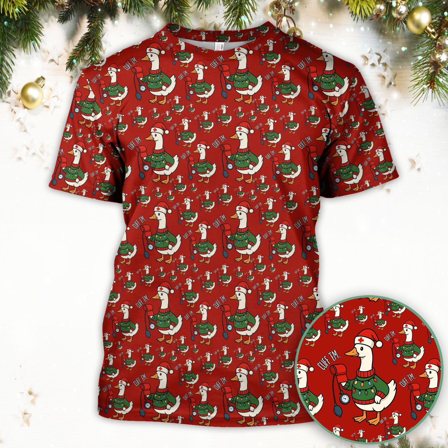 Nurse Christmas Duck Scrub Top, Cute Goose Pattern Scrub Shirt, RN LPN CNA Nursing Uniform