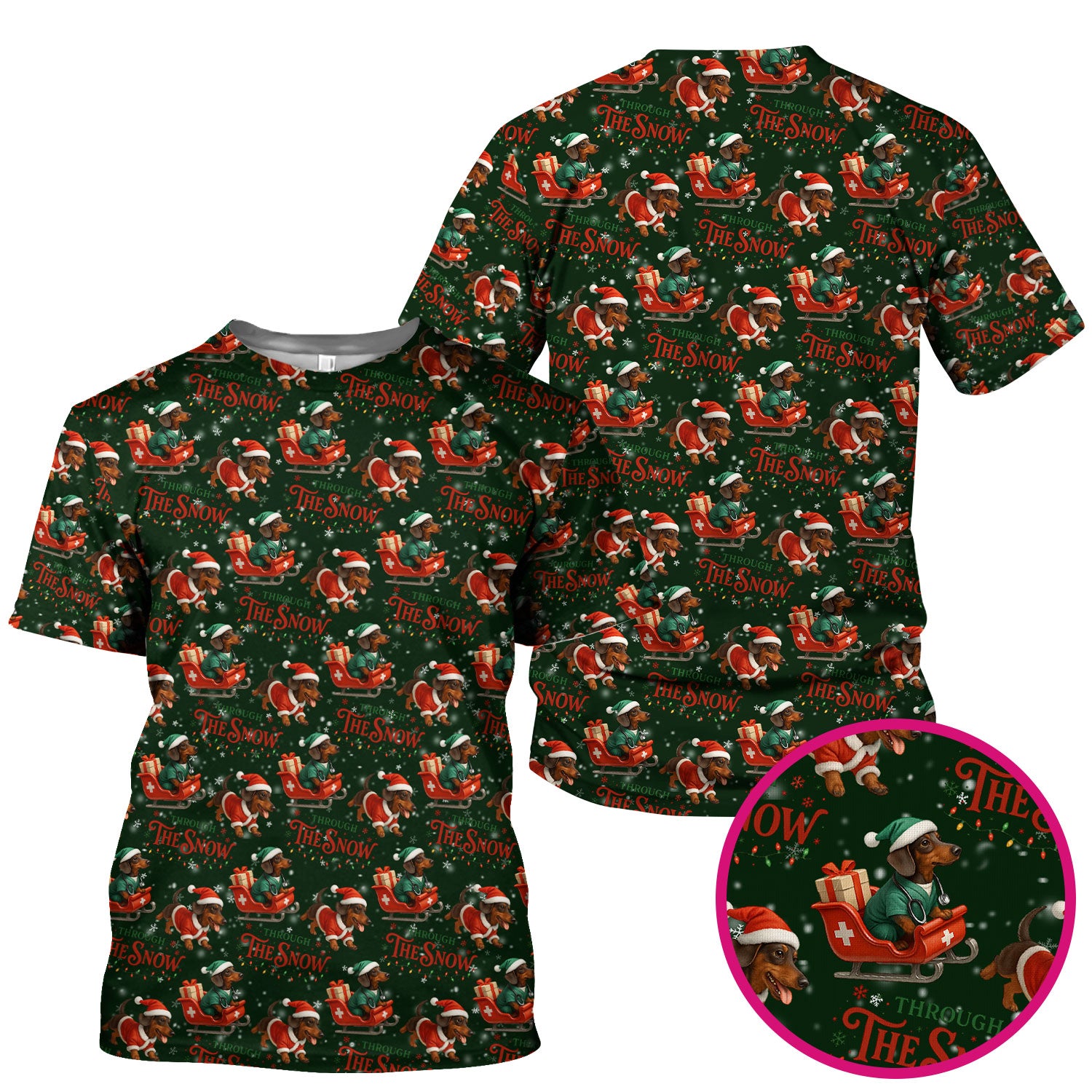 Dachshund Christmas Scrub Top, Cute Dog Nurse Scrub Shirt, Through The Snow Pattern Nursing Uniform