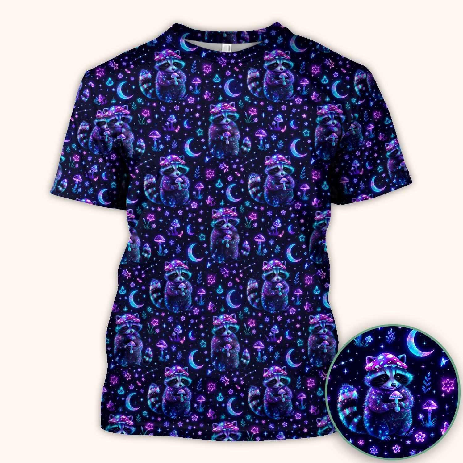 Neon Mushroom Raccoon Moonlight Pattern Scrub Top, Comfortable Scrubs for Nurses