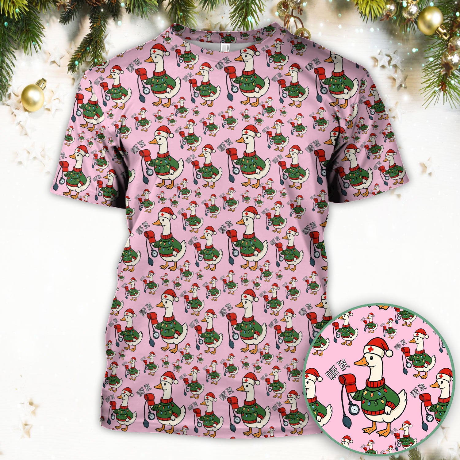 Nurse Christmas Duck Scrub Top, Cute Goose Pattern Scrub Shirt, RN LPN CNA Nursing Uniform