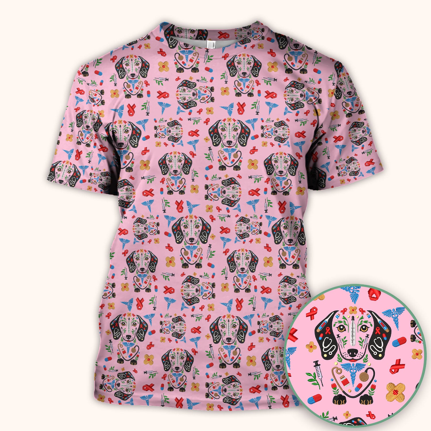 Dachshund Medical Icon Pattern Scrub Top, Comfortable Scrubs for Nurses
