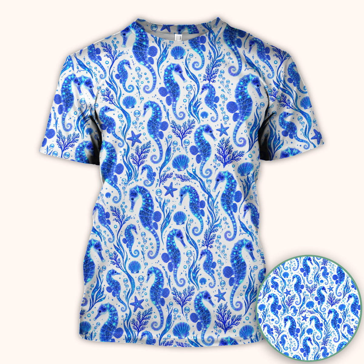 Blue Ocean Seahorse Pattern Scrub Top, Comfortable Scrubs for Nurses