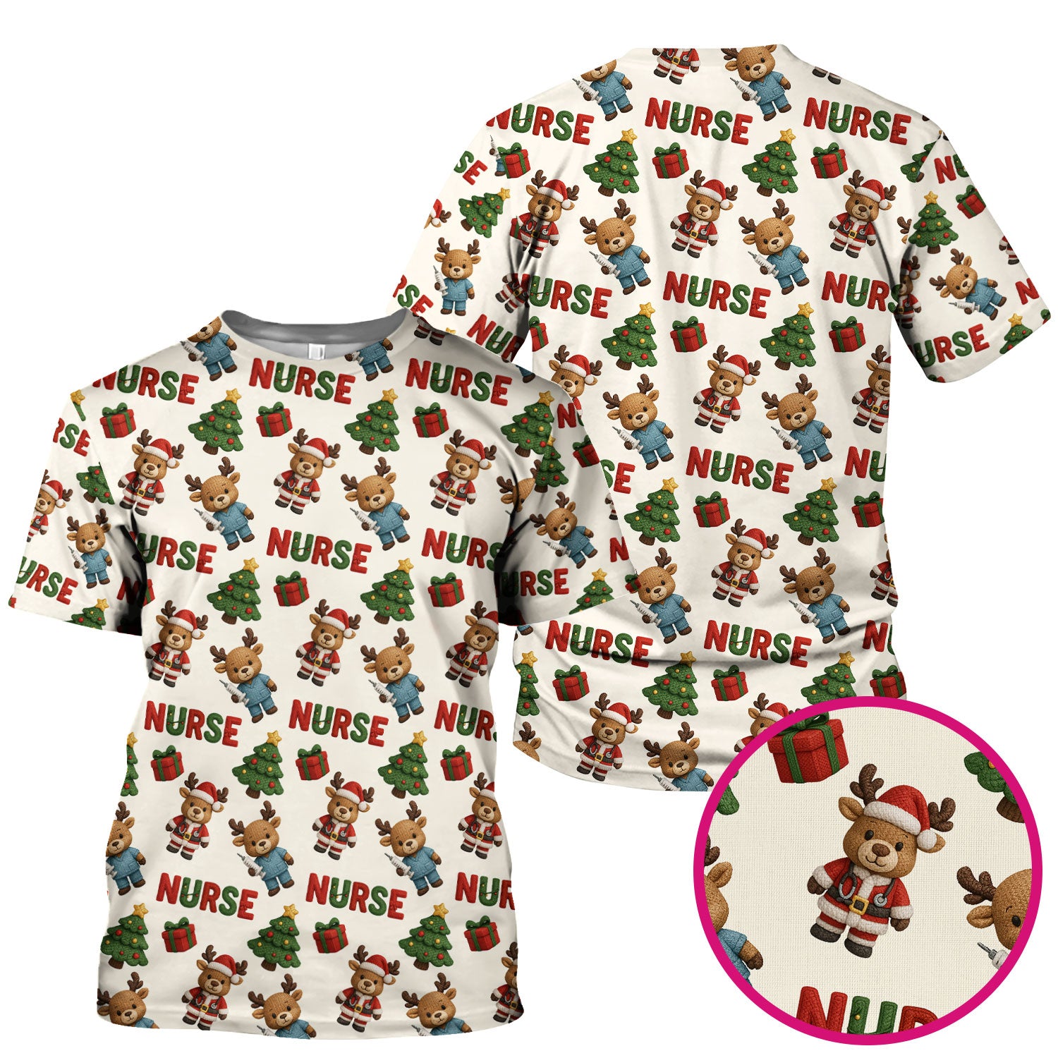 Reindeer Christmas Scrub Top, Cute Holiday Nurse Scrub Shirt, Festive Pattern Nursing Uniform