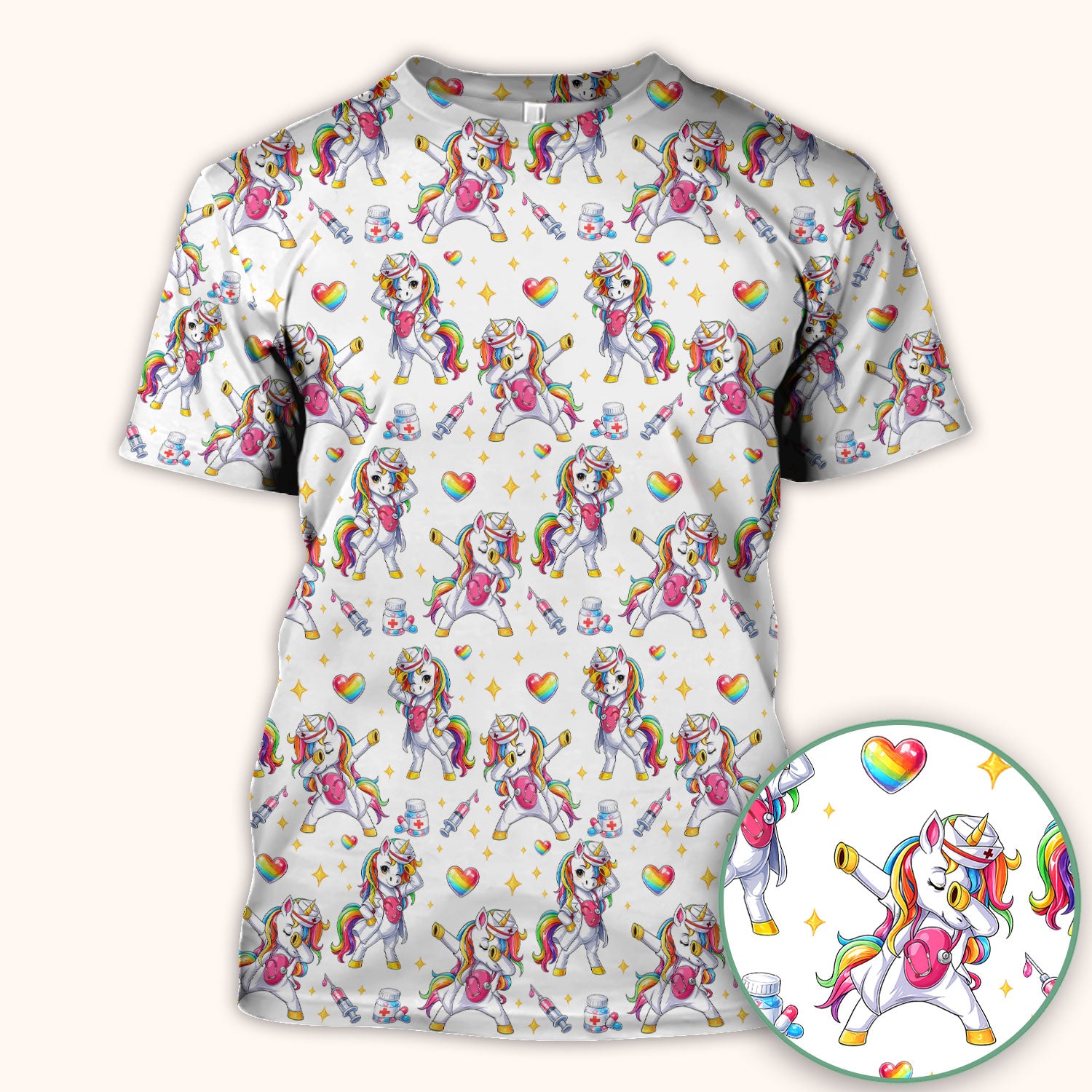 Playful Nurse Unicorn Rainbow Pattern Scrub Top, Comfortable Scrubs for Nurses