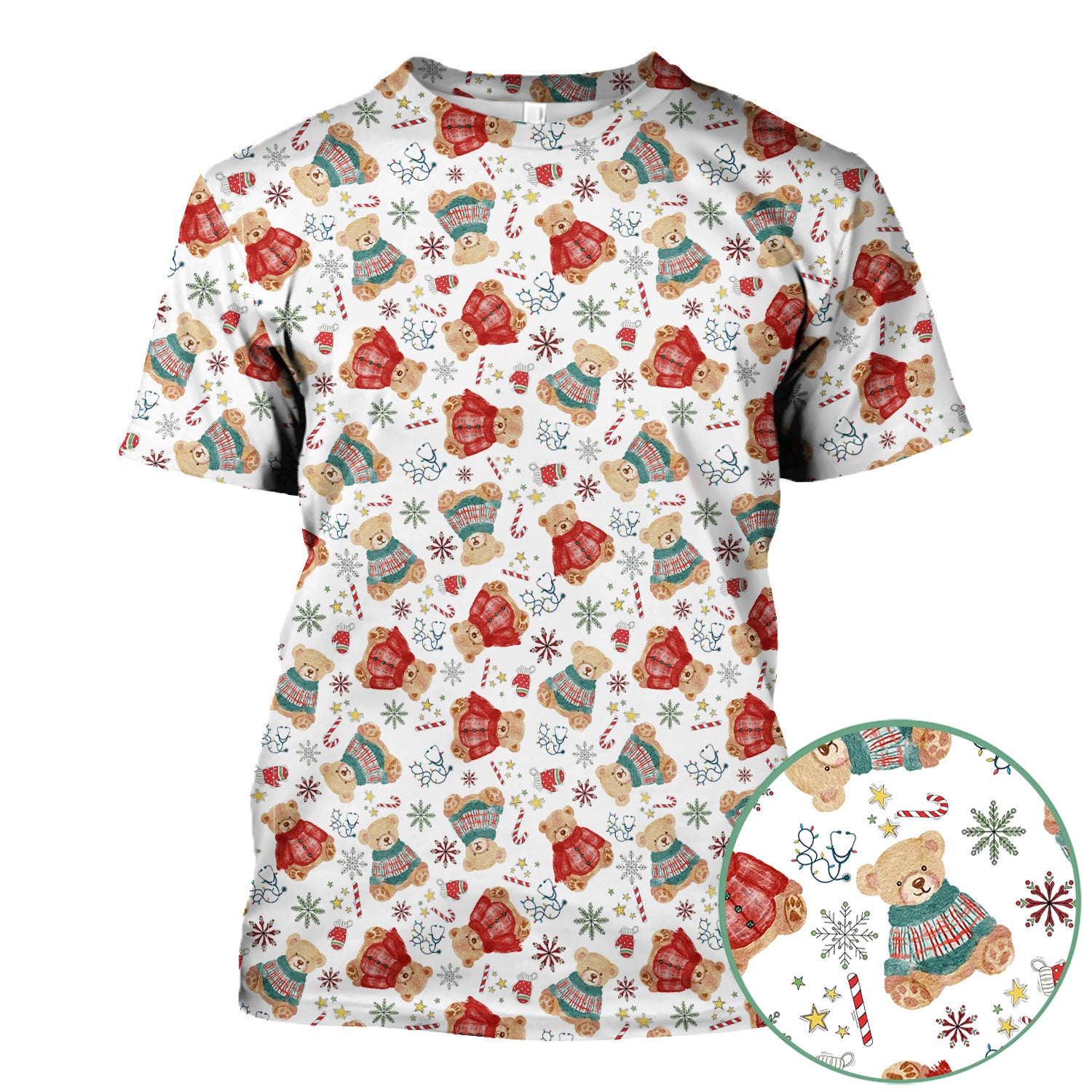 Funny Christmas Scrub Shirt - Cute Bear Winter Print Scrubs - Holiday Medical Scrub Top Gift for Women, Men, CNA RN, Doctor Nurse Christmas Outfit