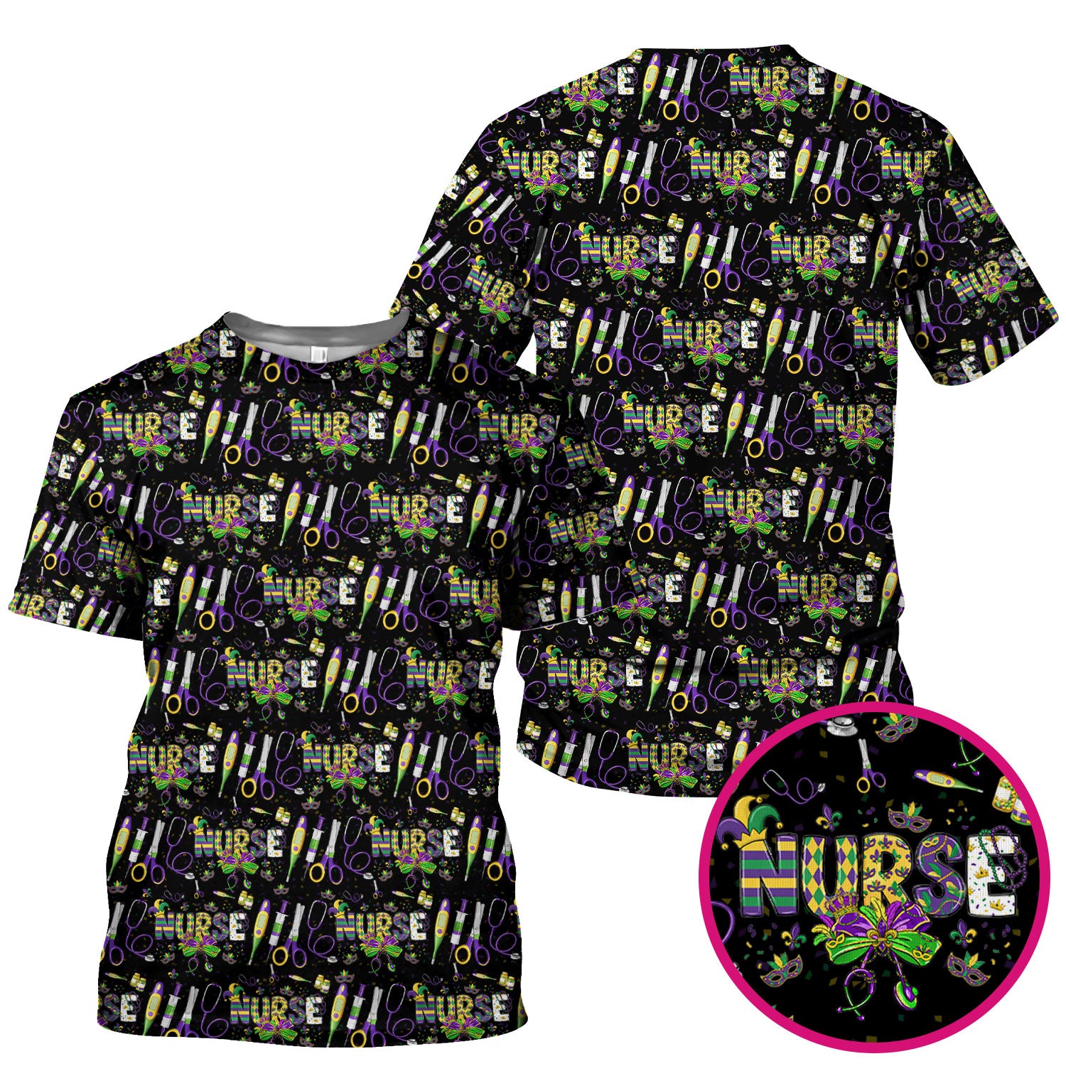 Mardi Gras Nurse Scrub Top, Holiday Medical Pattern Nurse Shirt, Breathable Fabrics Nursing Uniform
