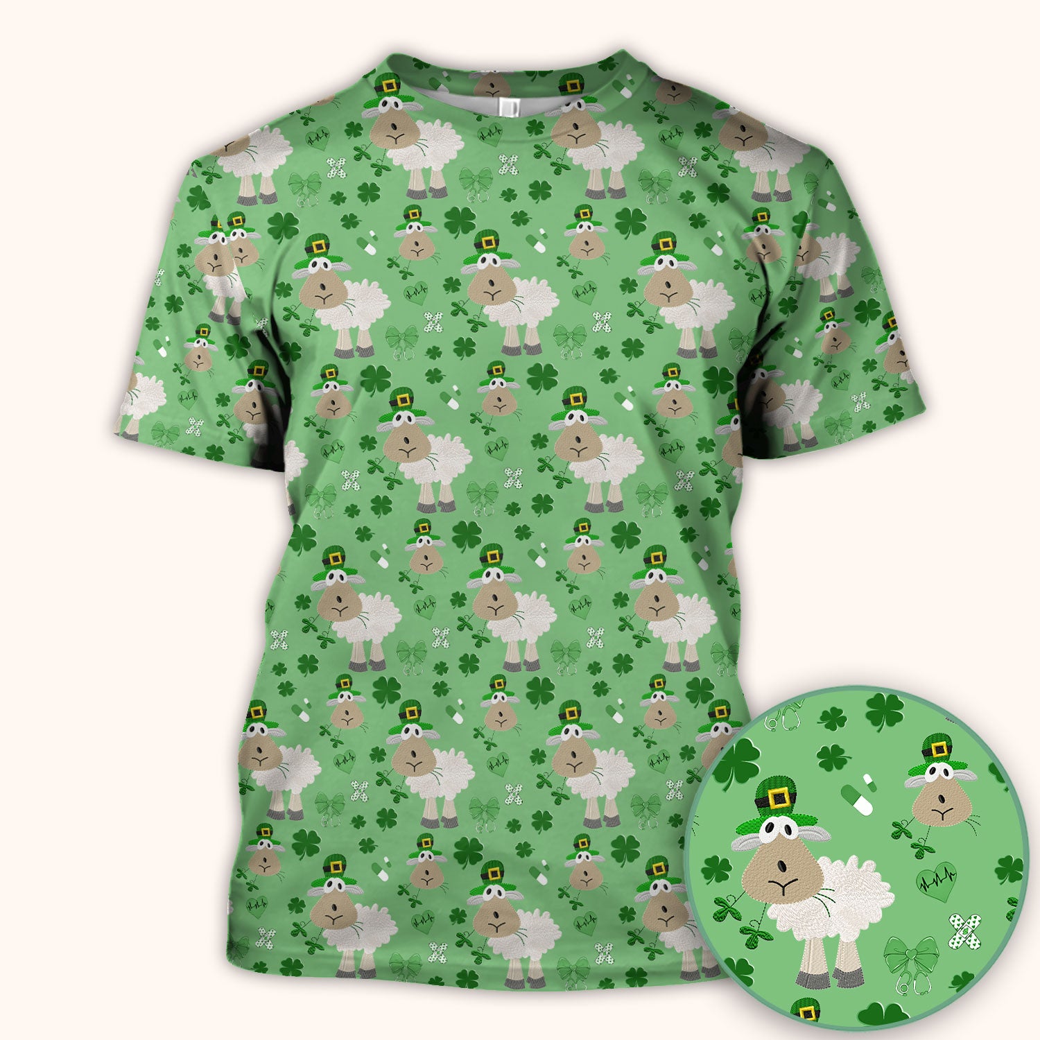 Nurse St. Patrick Scrubs Top, Cute Sheep Shamrock Pattern Nurse Shirt, Breathable Fabrics Nursing Uniform