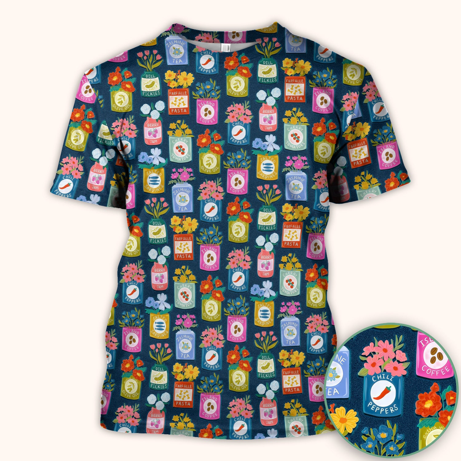 Colorful Pantry Jars Flowers Pattern Scrubs Top, Comfortable Scrubs for Nurses