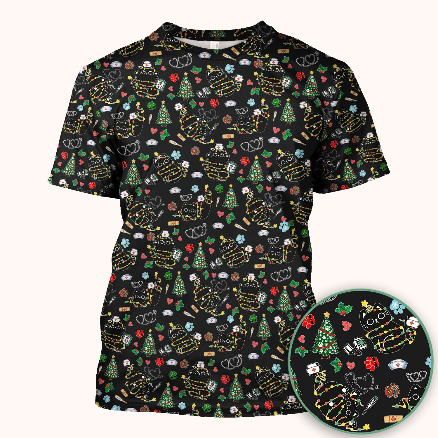 Funny Black Cat Christmas Scrub Top – Cute Holiday Kitty Pattern – Festive Medical Uniform for Nurses, Vets, and Cat Lovers