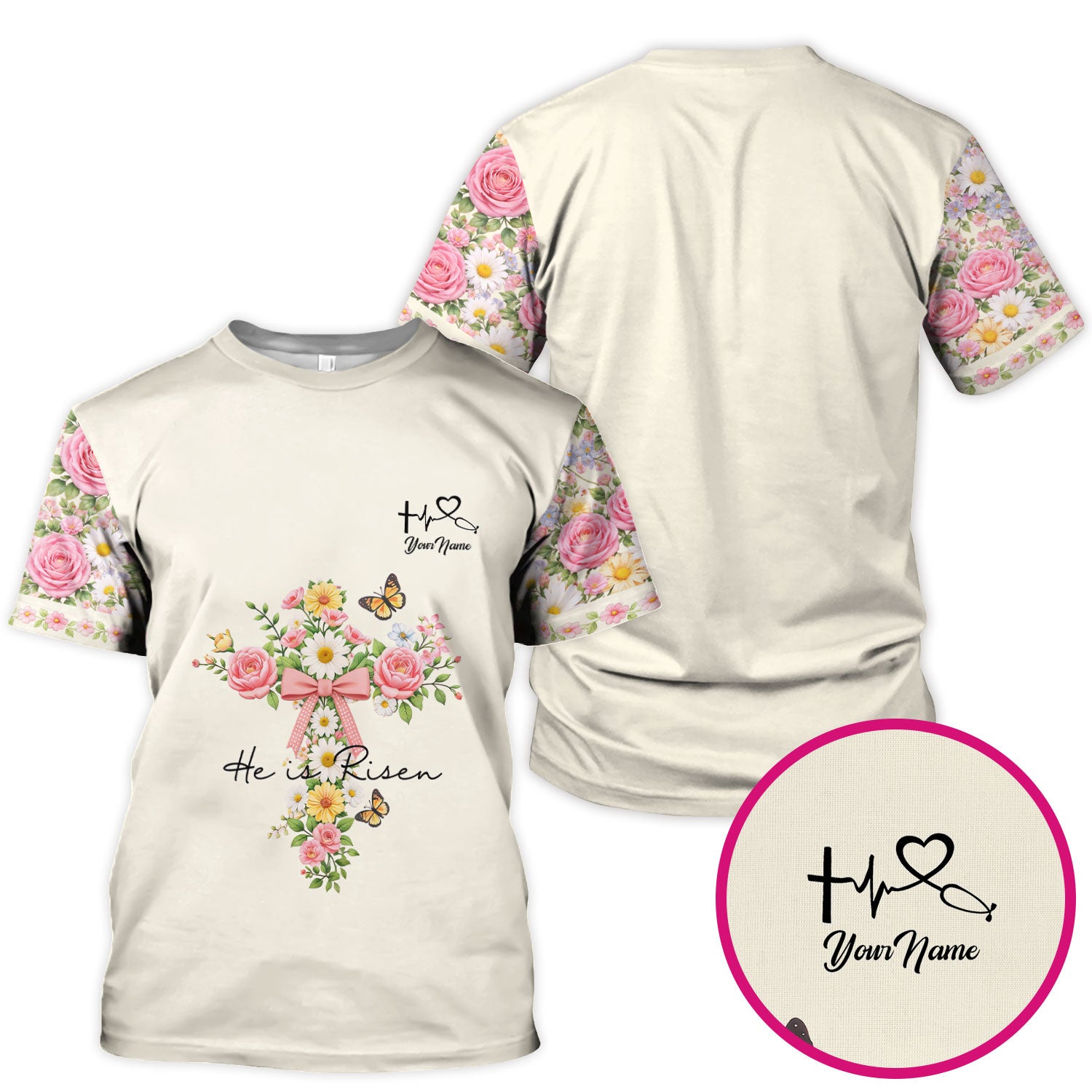 Personalized Meaningful Easter Nurse He Is Risen Floral Cross Bow Pattern Scrub Top, Comfortable Scrubs for Nurses