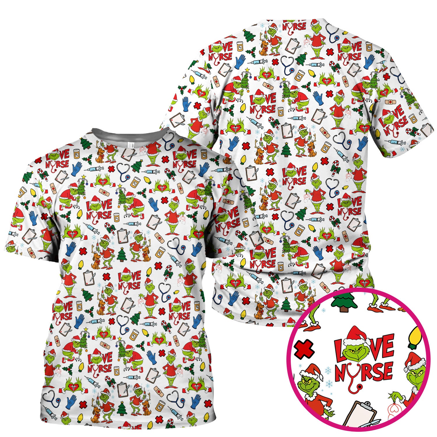 Funny Grinch Love Nurse Scrub Top - Multi Color Christmas Scrub Shirt - Cute Holiday Nursing Workwear with Pockets for Women