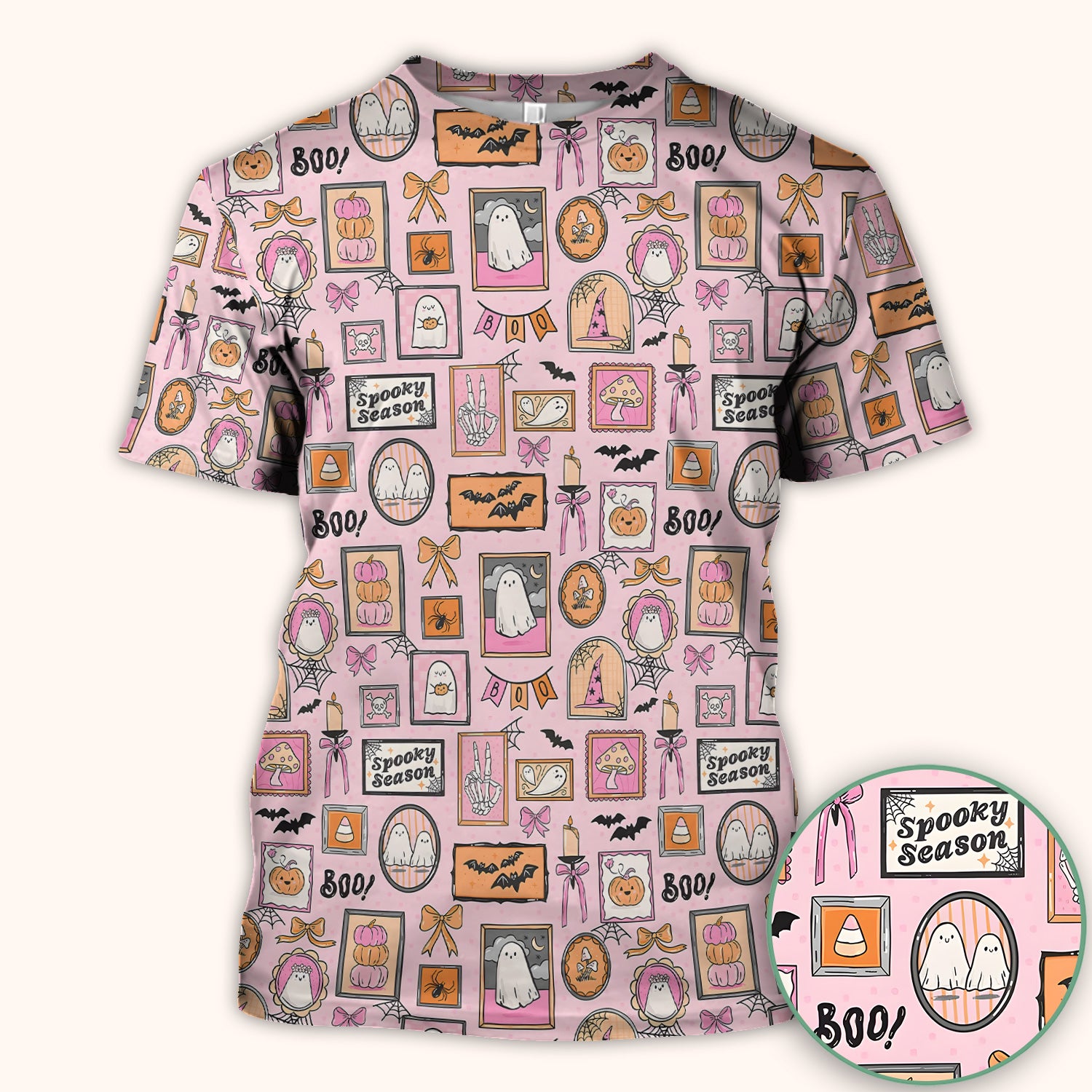 Pink Halloween Ghost Gallery Print Scrub Top, Comfortable Scrubs for Nurses