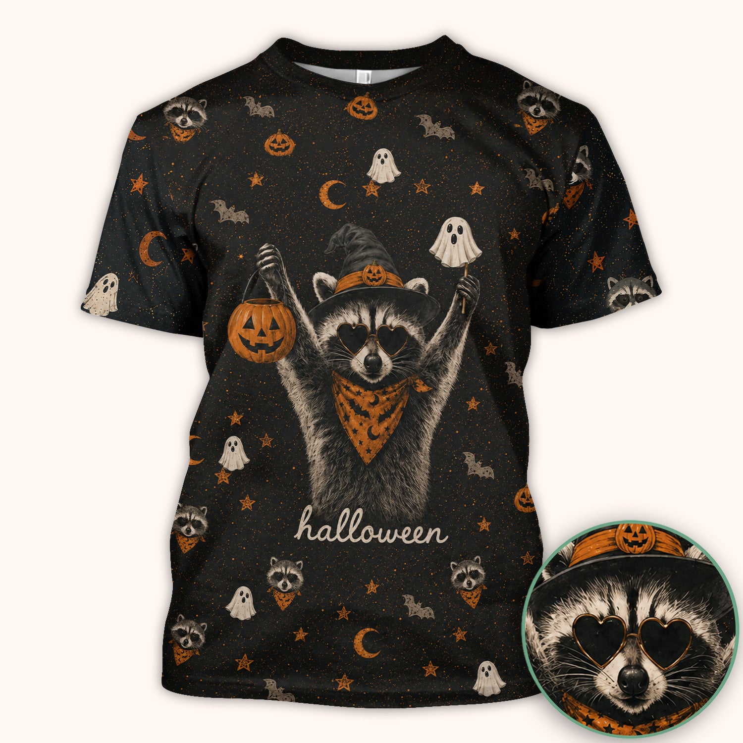 Ghost Pumpkin Raccoon Pattern Scrub Top, Comfortable Scrubs for Nurses