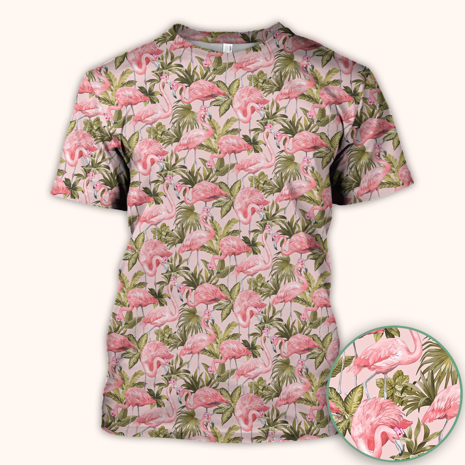 Pink Flamingo Jungle Leaves Pattern Scrub Top, Breathable Fabrics Nursing Uniform