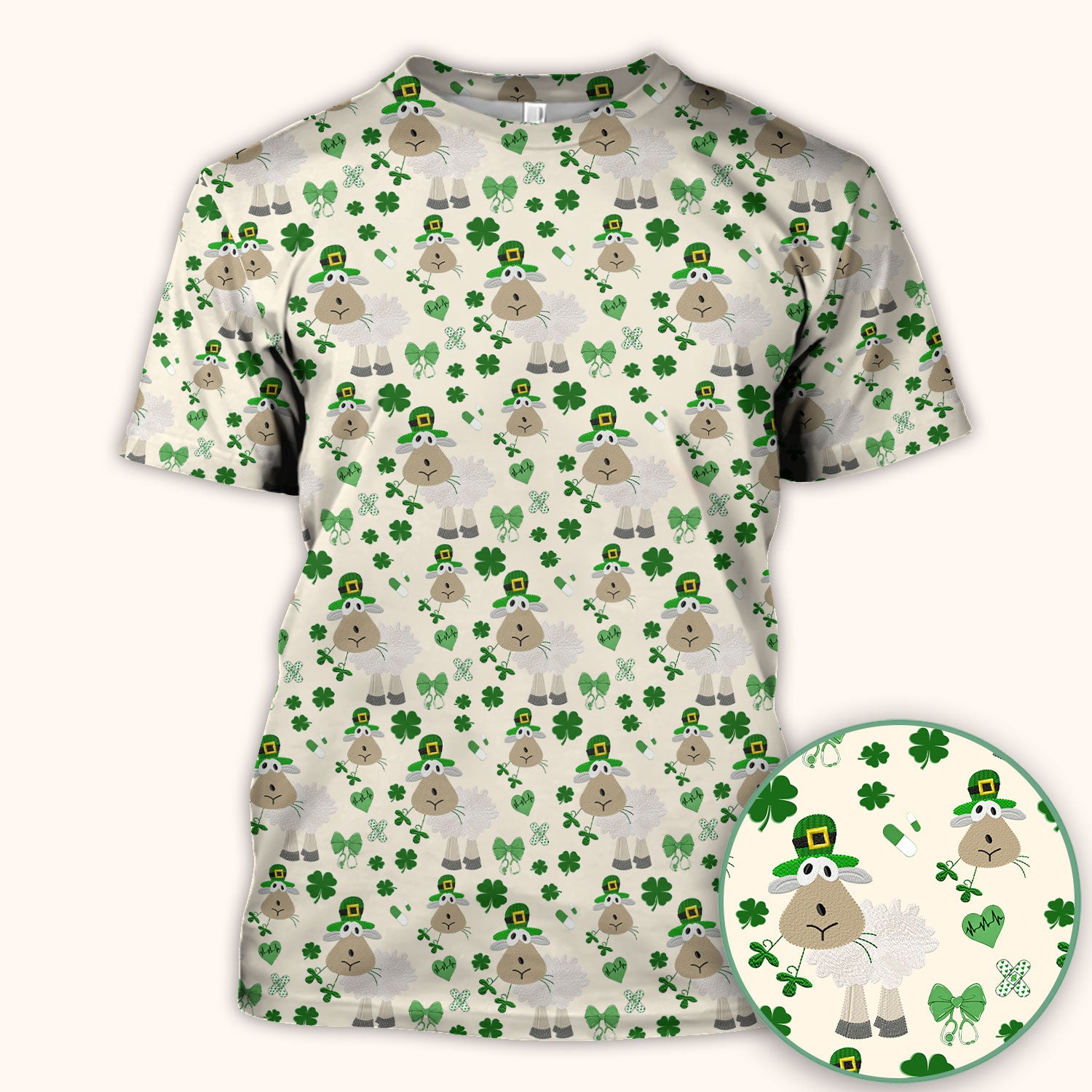 Nurse St. Patrick Scrubs Top, Cute Sheep Shamrock Pattern Nurse Shirt, Breathable Fabrics Nursing Uniform