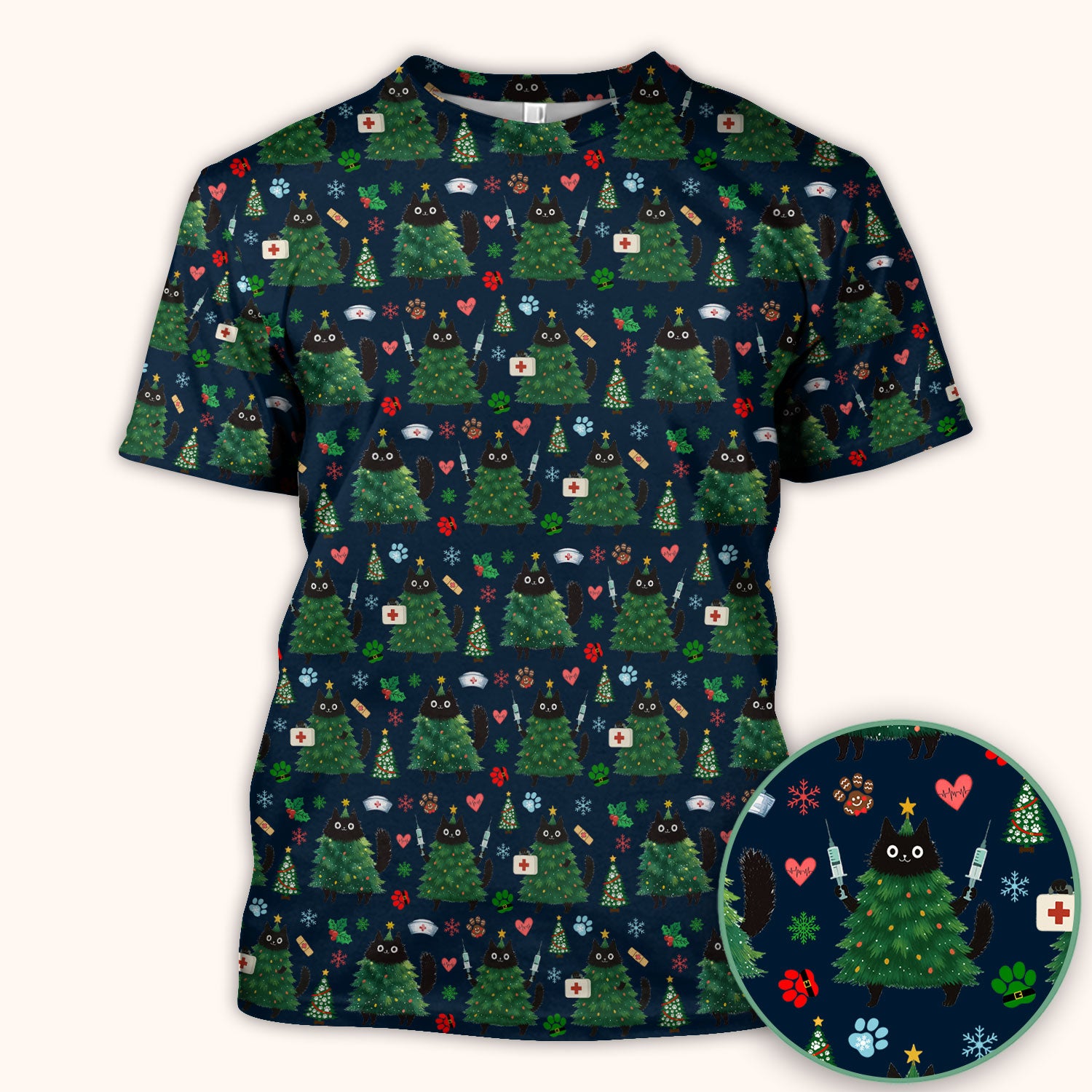Christmas Nurse Scrub Top, Xmas Black Cat Pattern Nurse Shirt,  Breathable Fabrics Nursing Uniform