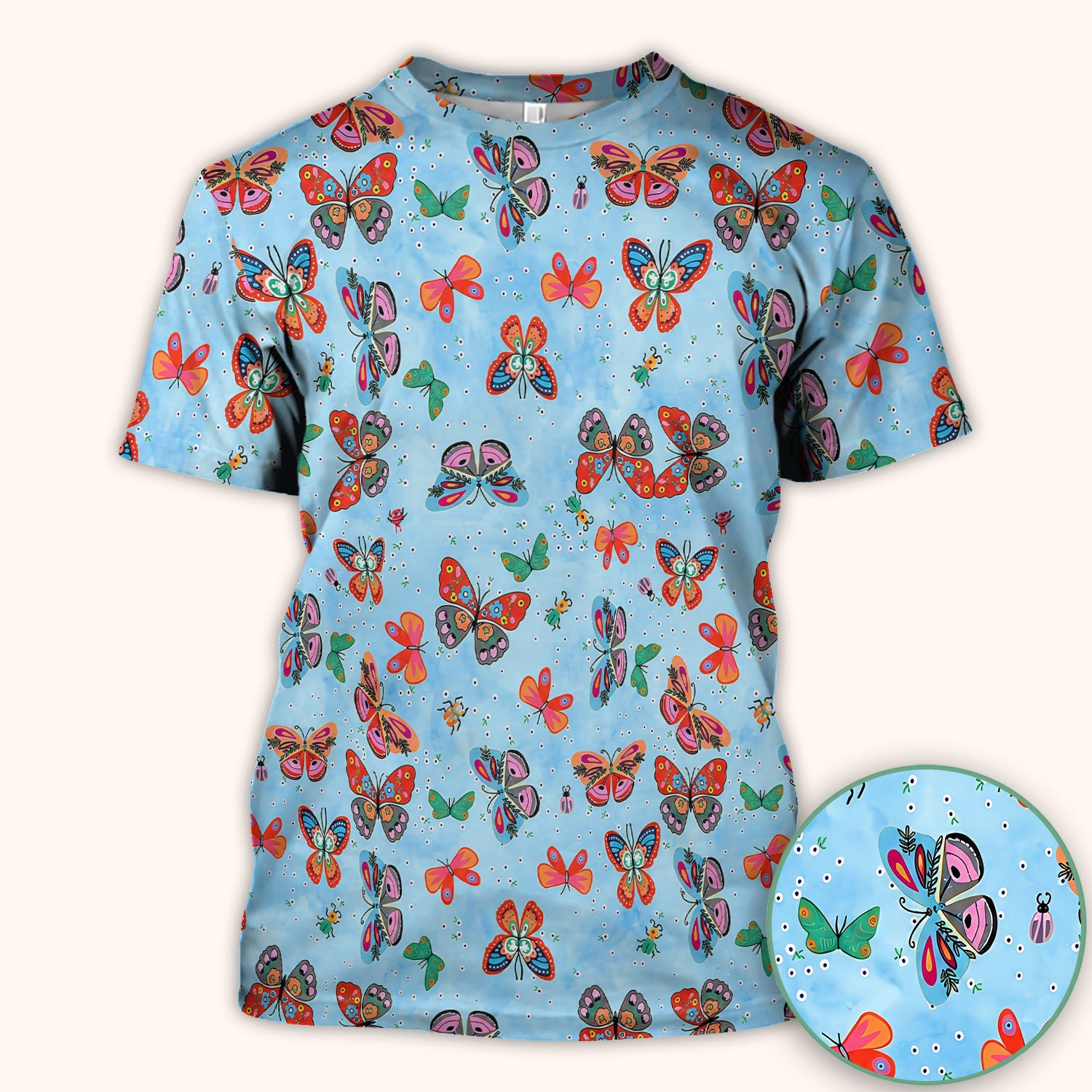 Colorful Butterfly Garden Pattern Scrub Top, Breathable Fabrics Nursing Uniform