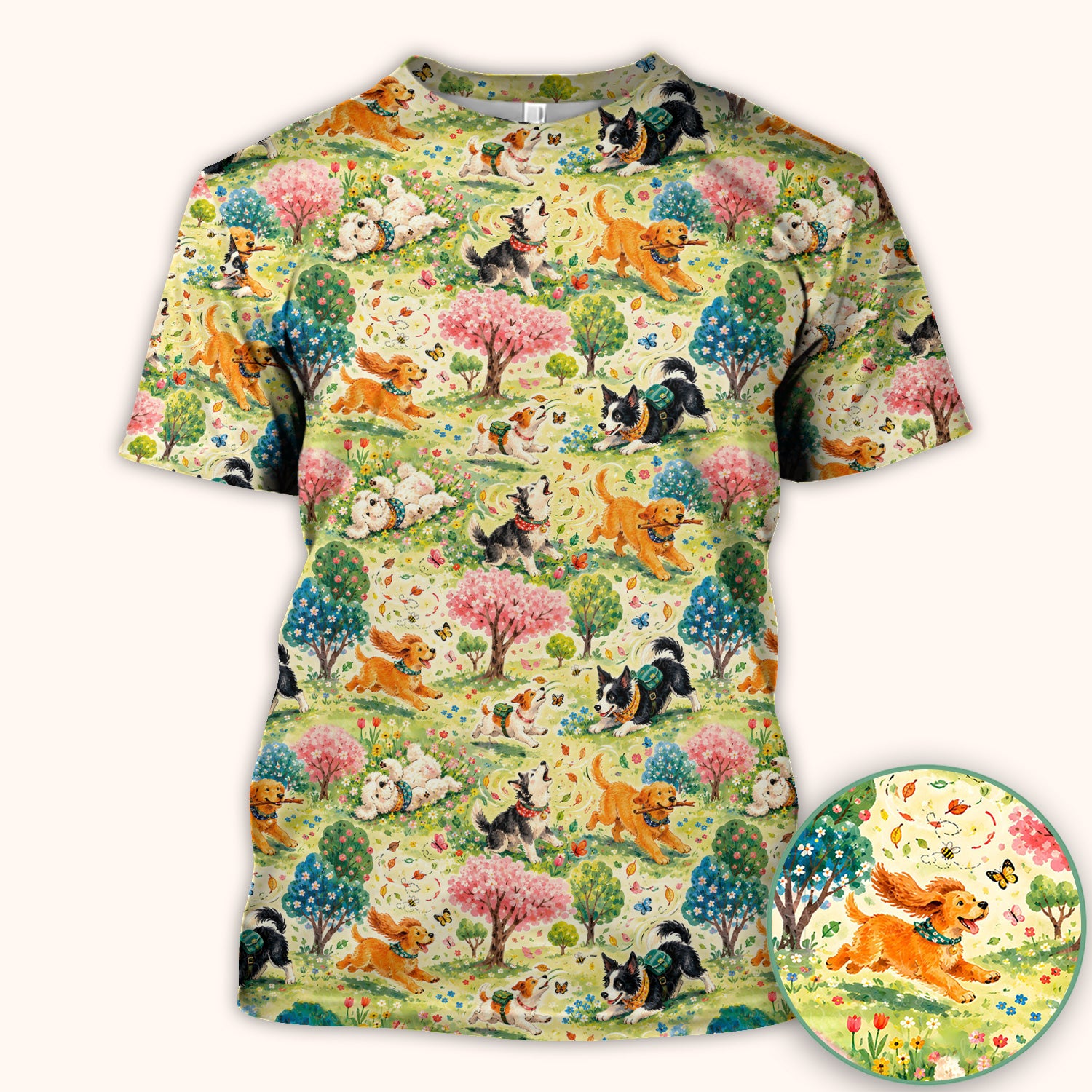Playful Spring Garden Dogs Pattern Scrub Top, Comfortable Scrubs for Nurses
