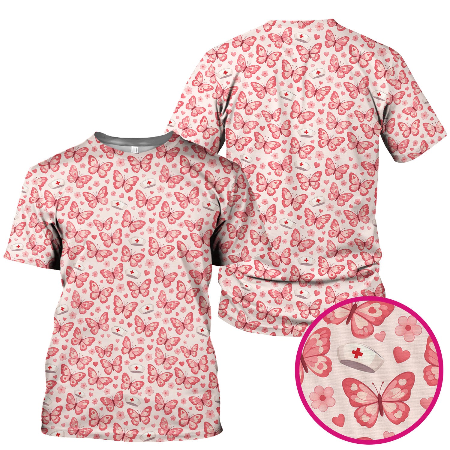 Valentine Butterfly Pattern Nurse Scrub Top, Pink Heart Medical Shirt For Women, Breathable Fabrics Nursing Uniform