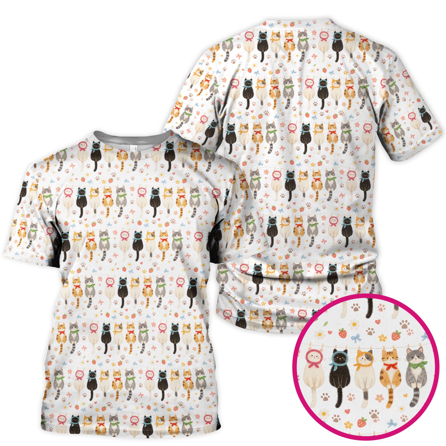 Cute Cat Clothesline Pattern Scrub Top, Comfortable Scrubs for Nurses