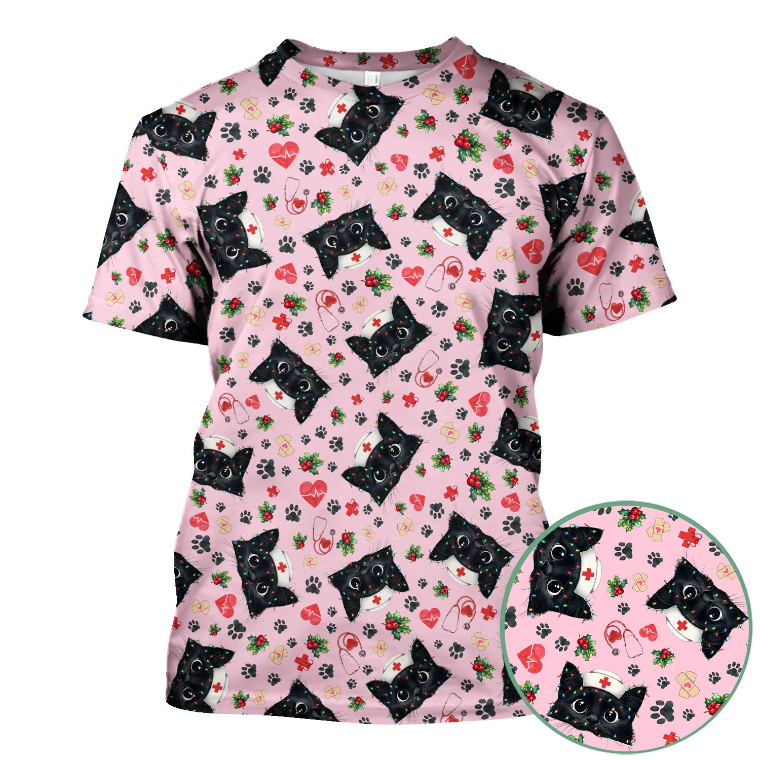 Black Cat Scrub Top for Nurse - Cute Kittens Christmas Medical Uniform - Funny Holiday Gift for Women
