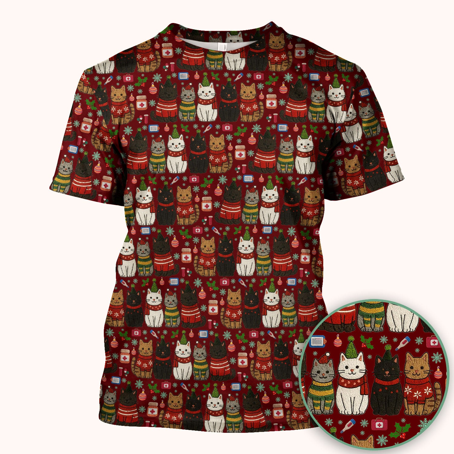 Christmas Cat Scrub Top, Funny Holiday Nurse Shirt, Festive Medical Uniform For Women RN LPN CNA Gift