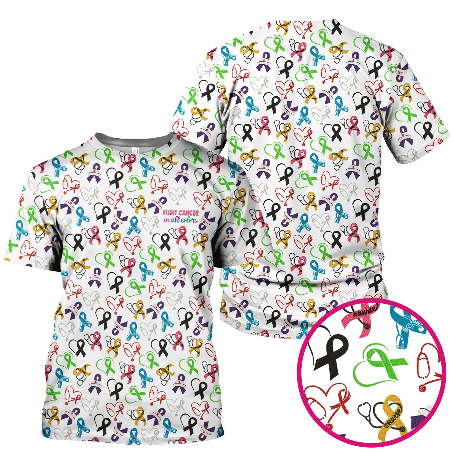 Cancer Awareness Scrub Top - Fight Cancer In All Colors Nurse Shirt - Colorful Ribbon Medical Scrubs Gift with Pockets for Women CNA RN Doctor