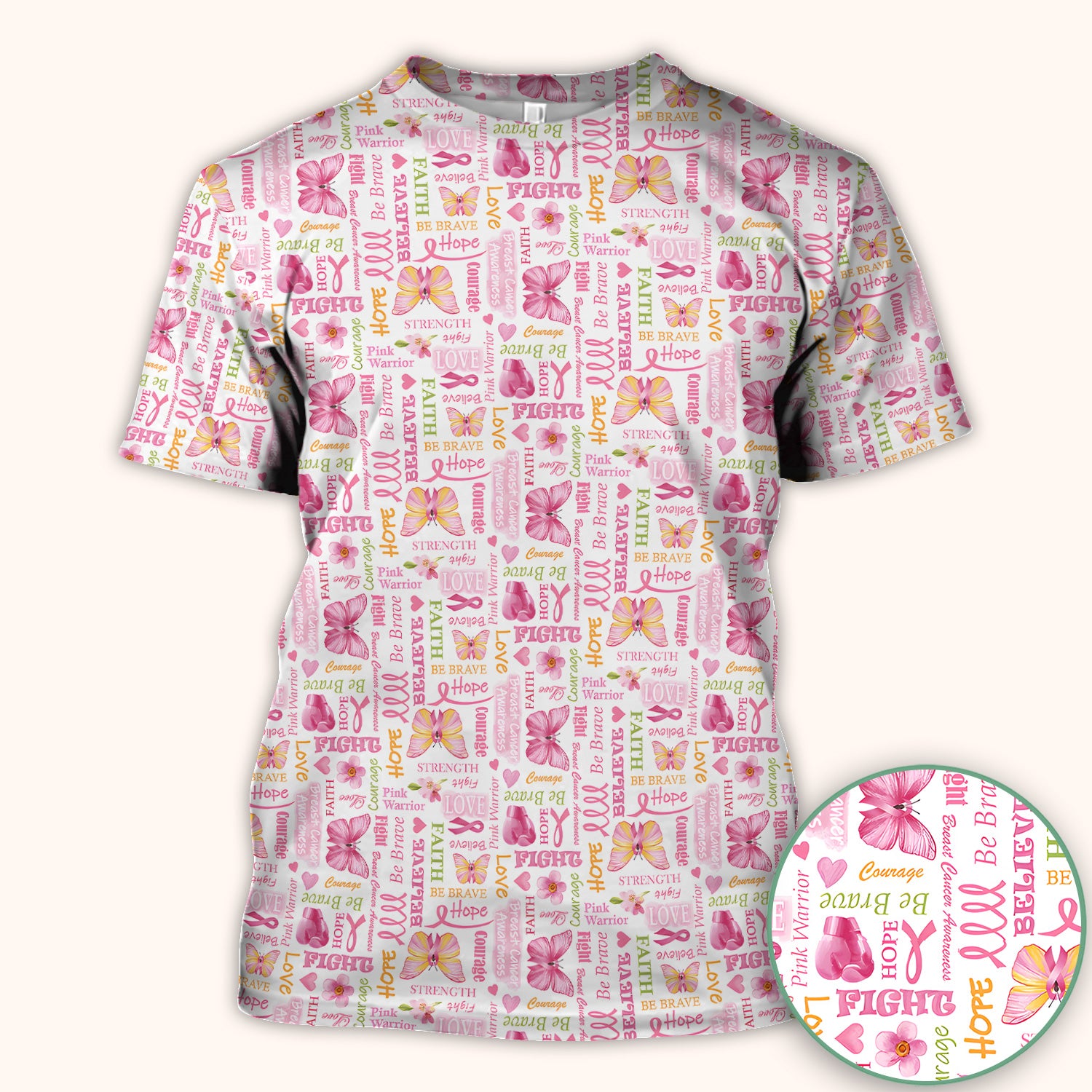 Pink Ribbon Butterfly Print Scrub Top, Comfortable Scrubs for Nurses
