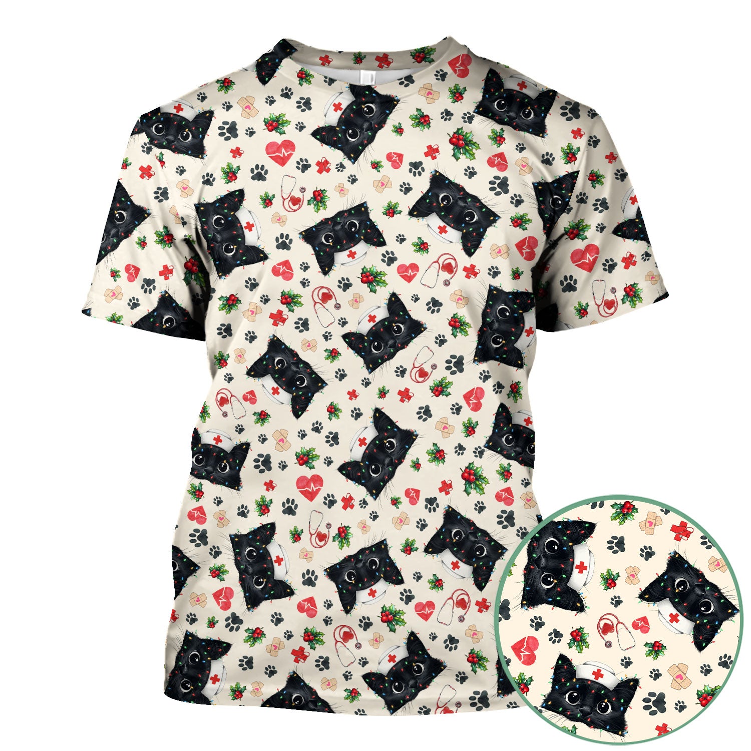 Black Cat Scrub Top for Nurse - Cute Kittens Christmas Medical Uniform - Funny Holiday Gift for Women