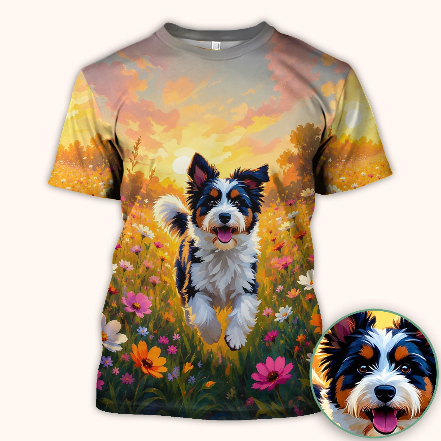 Cute Floral Meadow Dog Print Scrub Top, Comfortable Scrubs for Nurses