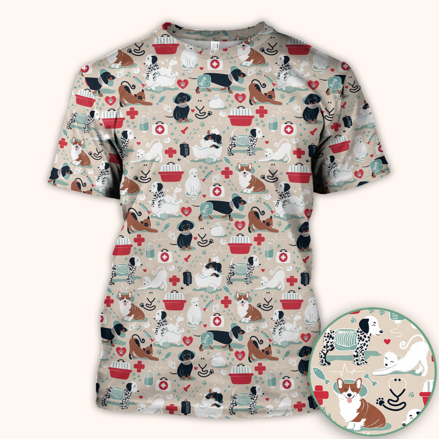 Dogs With Veterinary Tools And Paw Print Scrub Top, Breathable Fabrics Nursing Uniform
