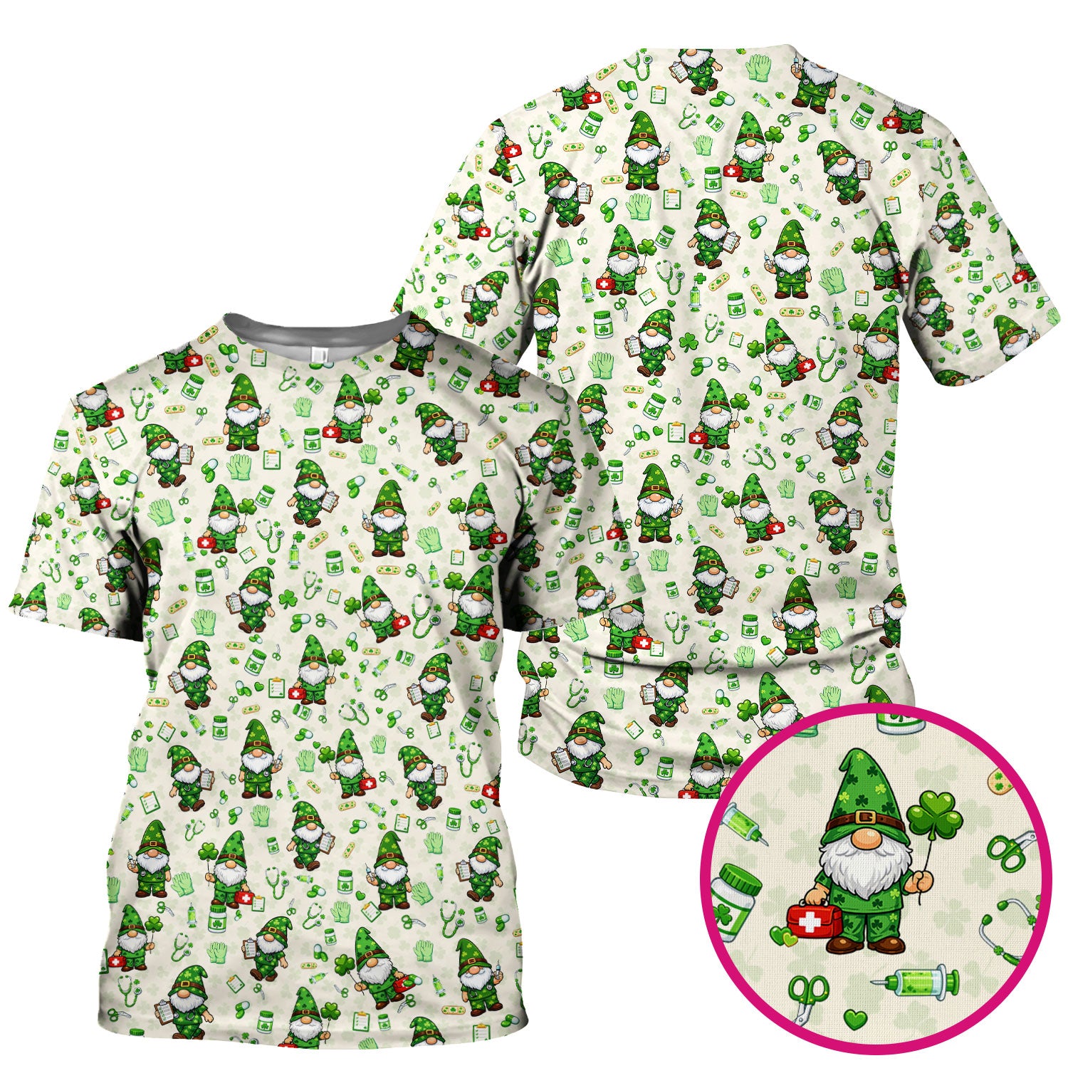 St. Patrick’s Day Nurse Gnome Scrub Top, Green Lucky Medical Pattern Nurse Shirt, Breathable Fabrics Nursing Uniform