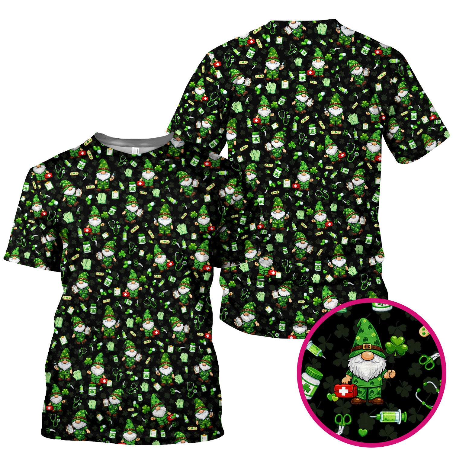 St. Patrick’s Day Nurse Gnome Scrub Top, Green Lucky Medical Pattern Nurse Shirt, Breathable Fabrics Nursing Uniform
