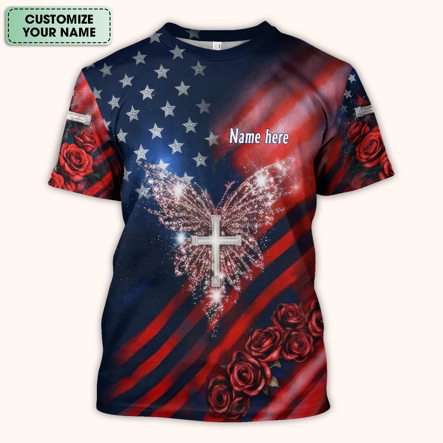 Custom Name Patriotic Cross Butterfly Rose Print Scrub Top, Comfortable Scrubs for Nurses