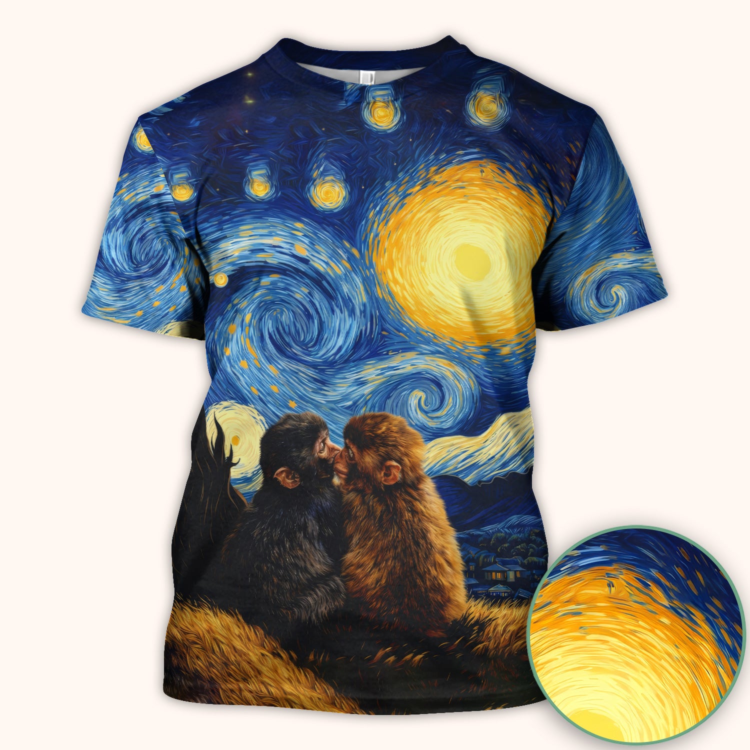 Romantic Monkey Couple Night Sky Pattern Scrub Top, Breathable Fabrics Nursing Uniform