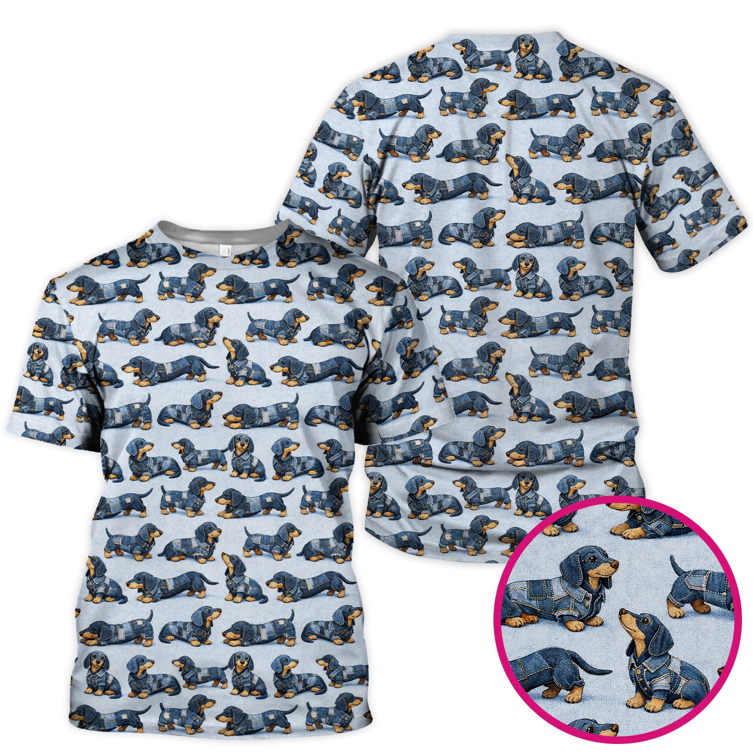 Denim Dachshund Dog Pattern Scrub Top, Breathable Fabrics Nursing Uniform