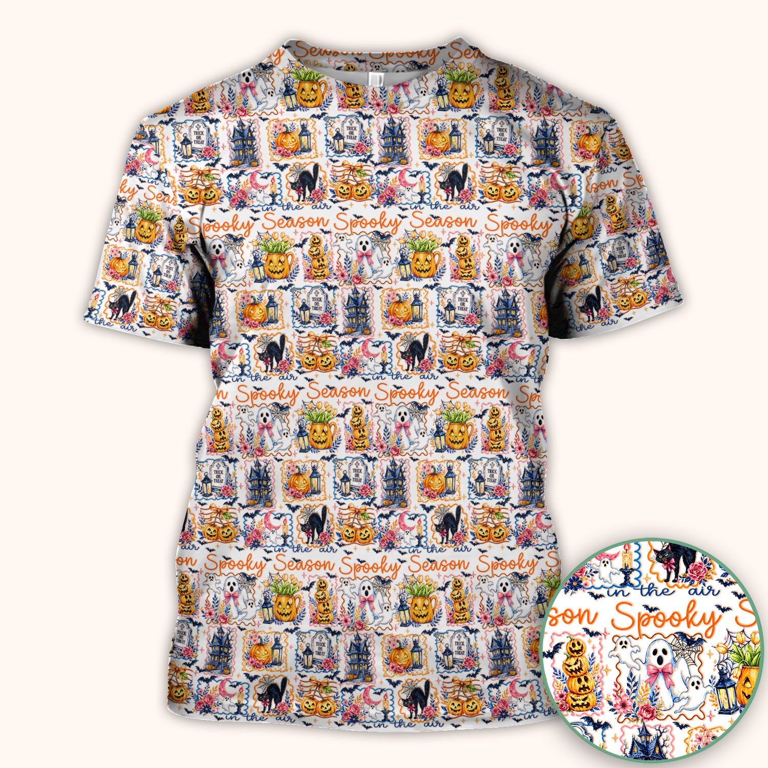 Spooky Halloween Pumpkin Ghost Pattern Scrub Top, Comfortable Scrubs for Nurses