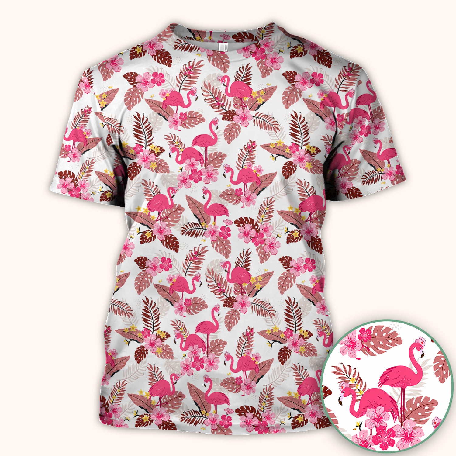 Pink Flamingo Tropical Floral Scrub Top, Breathable Fabrics Nursing Uniform