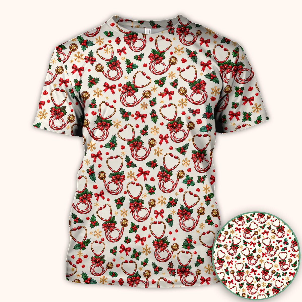 Christmas Candy Cane Stethoscope Pattern Scrub Top, Comfortable Scrubs for Nurses