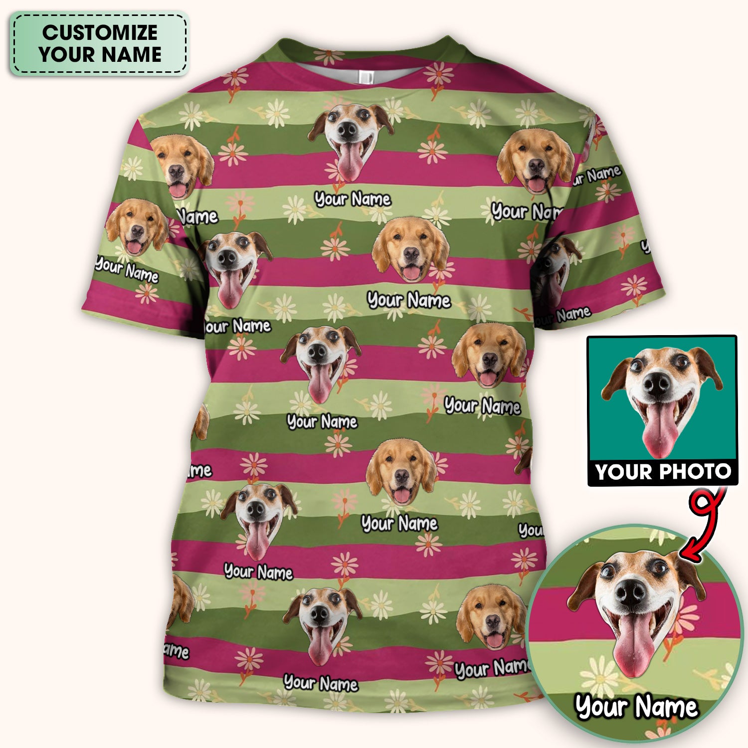 Personalized Floral Dog Portrait With Spring Stripes Pattern Scrub Top, Comfortable Scrubs for Nurses