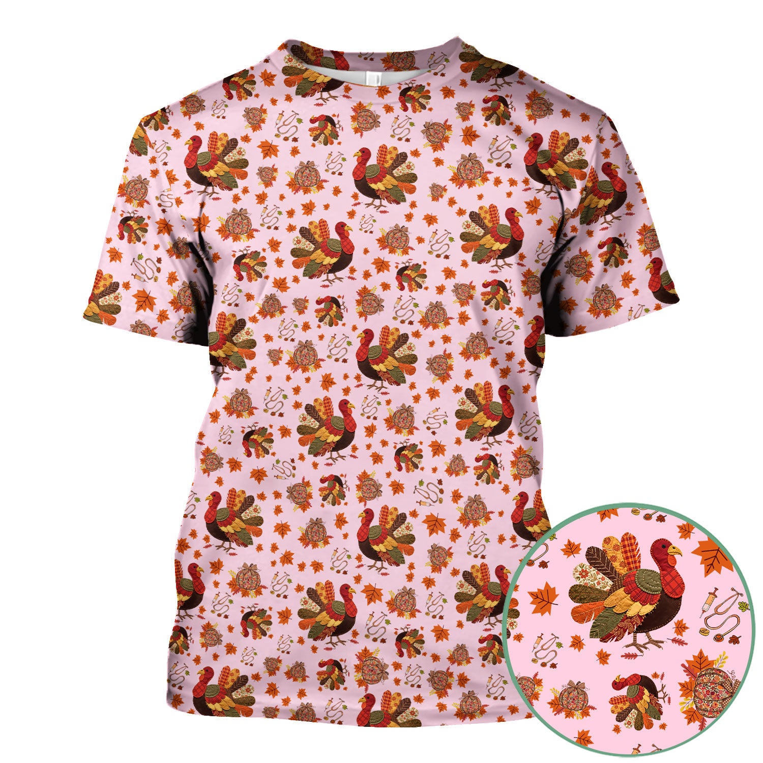 Thanksgiving Turkey Nurse Scrub Top for Women - Fall Leaves Pattern Shirts - Autumn Nursing Uniform Gift for RN LPN CNA
