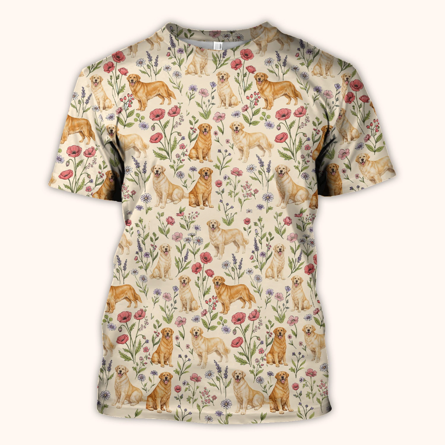 Cute Golden Retriever Floral Pattern Scrub Top, Breathable Fabrics Nursing Uniform