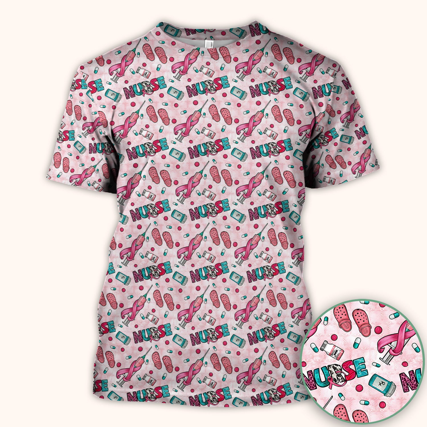 Pink Ribbon with Recovery Print Scrub Top, Comfortable Scrubs for Nurses