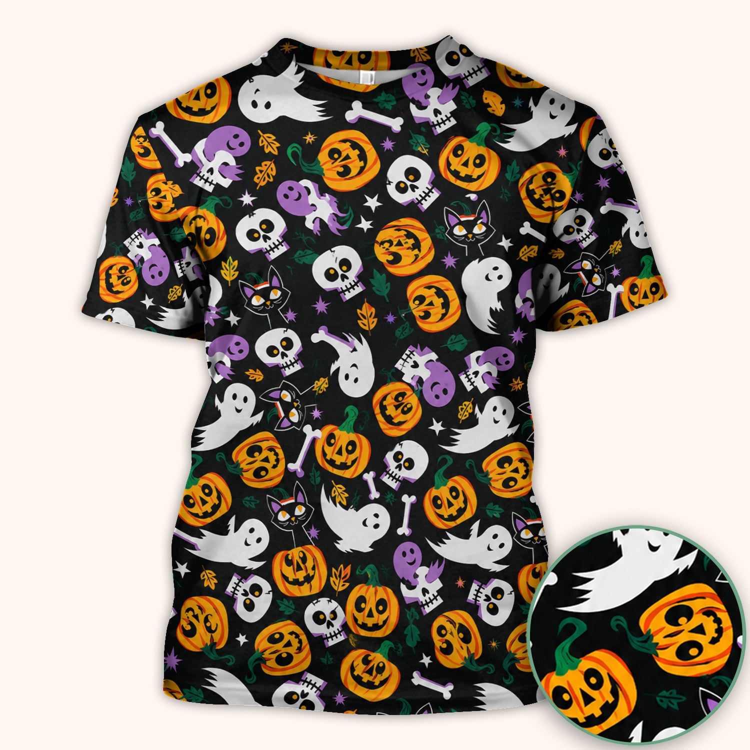 Spooky Pumpkin Ghost Print Scrub Top, Comfortable Scrubs for Nurses