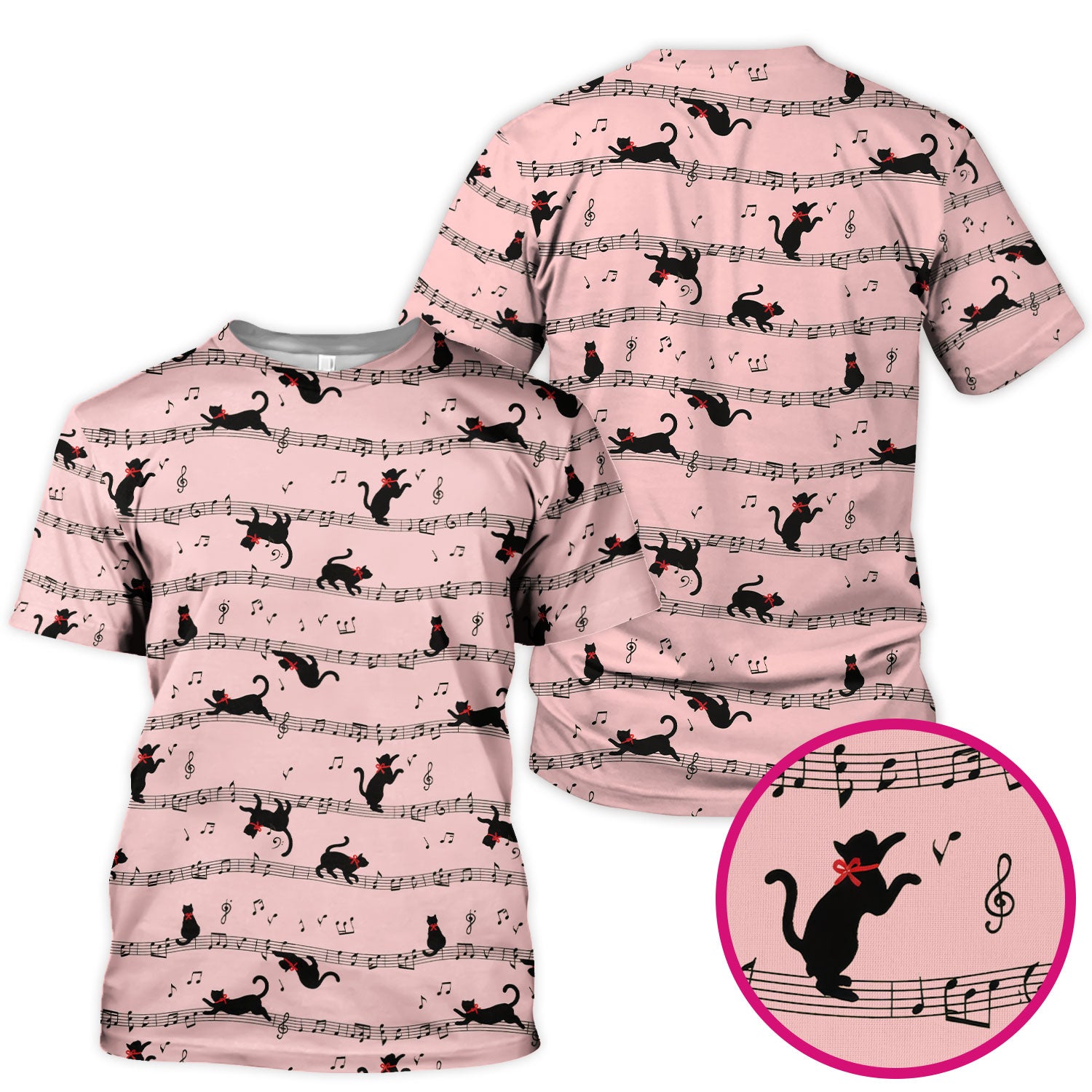 Cute Dancing Black Cat Music Staff Pattern Scrub Top, Comfortable Scrubs for Nurses